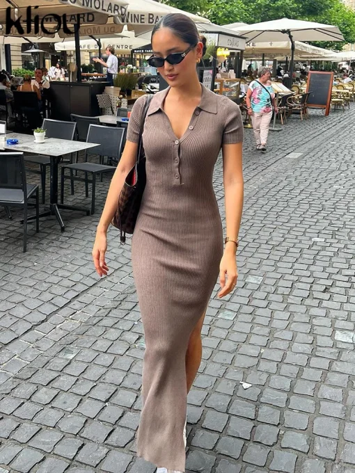 Elegant Office Lady Maxi Dress - Solid Turn-down Collar Short Sleeve Button Side Slit Body-Shaping Street Robe for Women - Image 2