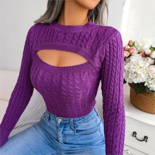 2024 Autumn Winter Women's Fashion Hollow Out Long Sleeve Sweater | Round Neck Solid Fit Slim Knit Top | Streetwear for Women - Image 5