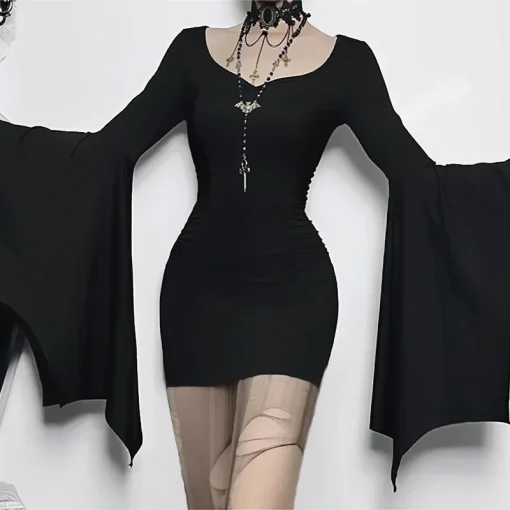 kf S1295ee9039284de2b0febf33349127b3Y Cospaly Partywear Women Fashion Batwing Sleeve Mini Dress Elegant Slim Pleat Bodycon Dresses Mall Gothic Alt