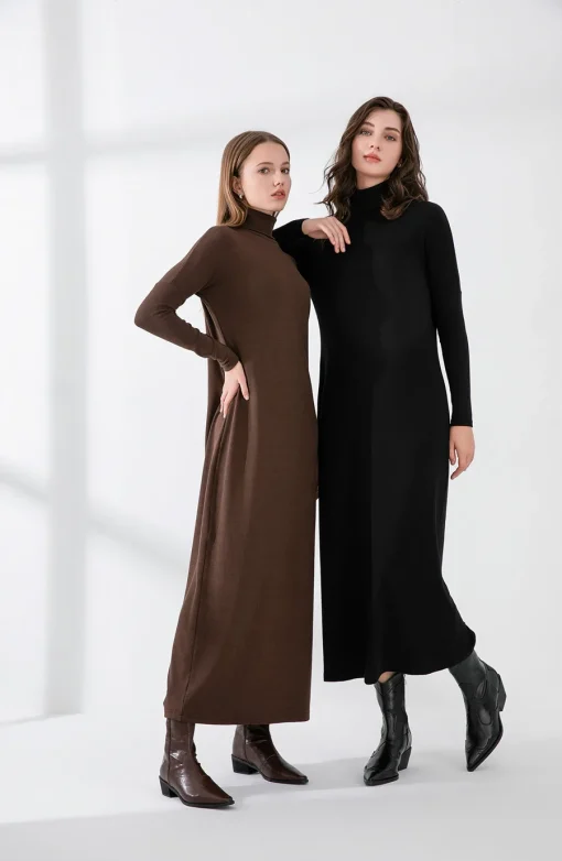 AS 2024 Winter Turtleneck Thicken Ribbing Dress – Soft & Comfortable Basic Turn-Down Collar Maxi Dress - Image 3