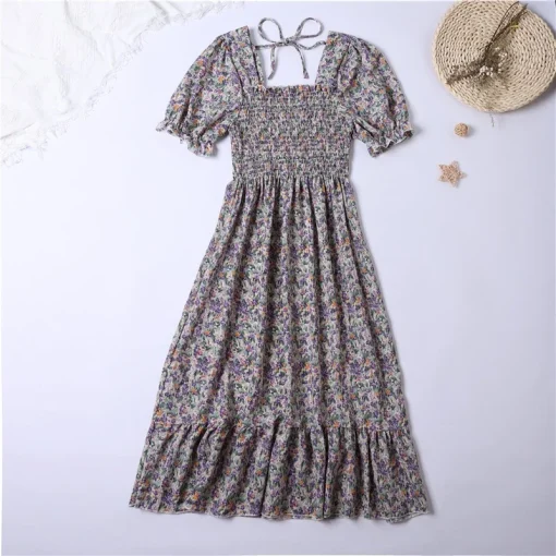 Summer Bohemian Floral Chiffon Midi Dress – Square Collar & Petal Sleeves for Women - Image 6