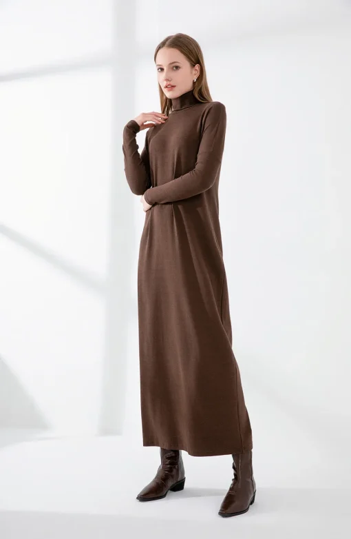 AS 2024 Winter Turtleneck Thicken Ribbing Dress – Soft & Comfortable Basic Turn-Down Collar Maxi Dress - Image 4