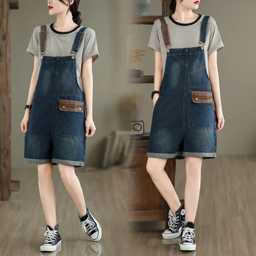 kf S1405e3ceea89406faea1cd0215c0fddaD Aricaca High Waist Casual Spliced Denim Jumpsuit Women Fashion Casual Jean Overalls short Rompers