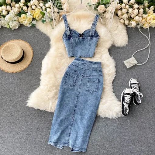 kf S142a643aefc74550b9151c80258e473bO Denim Skirt Set Women Sexy Camisole Tops High Waist Denim Pencil Skirt 2Pcs Suit Fashion Female