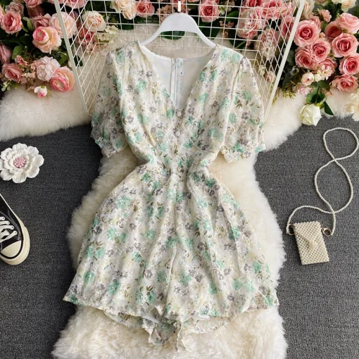 kf S1521448965914095be43b3741016b2ebp Summer Sweet Floral V neck Short Sleeves Jumpsuits For Women Chic Waist Slimming Embroidery Wide Leg