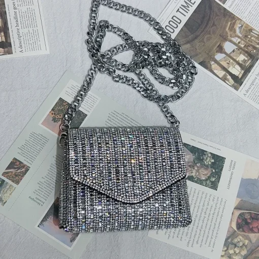 kf S159d79d1c1564b2e915ebaa8914459e5U Female Bling Chain Crossbody Bag Ladies Mini Rhinestone Small Envelop Shoulder Purse Full Diamond Messenger Evening