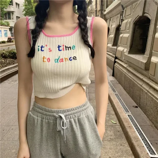 kf S15c5d8cd8c364acabcf70a81947dcb6fy Ribbed Tank Top Crop Top Women s Short Cute Graphic Knit Kawaii T Shirts Vest Summer