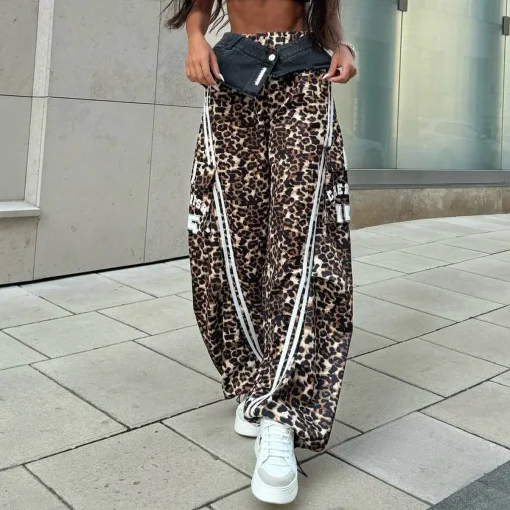 2025 Autumn Women's Casual Wide Leg Leopard Spliced Sweatpants | Y2K Streetwear Vintage Cargo Pants - Image 6