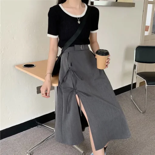 kf S16d355e4f61f4f86af7dd0868d4fb941V Long Skirt Women Solid Simple All Match High Waist Womens Korean Fashion Females Casual Comfortable Vintage