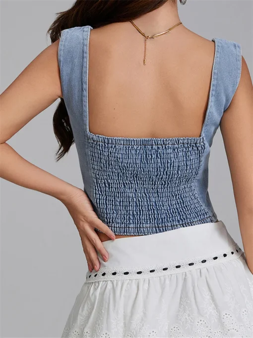 kf S17bfeb1306ca4960968fb61877bb1938T Women s Denim Tank Tops Slim Fit Square Neck Backless Back Shirred Sleeveless Button Down Crop