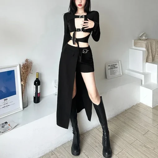 kf S1816381188644412a65fe2b3304339a71 Gothic Skirts Goth Dark Techwear Patchwork Sexy Mini Women Grunge Irregular Hem High Waist Cargo Skirt