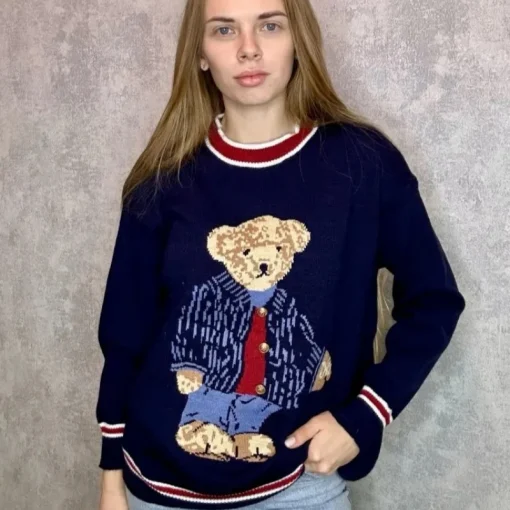 Youthful Women's Knit Pullover with Bear Embroidery | Autumn-Winter Loose Fit Sweater