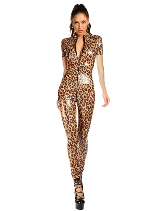 kf S191e7d92c4644f458549bc79c07bef84k Woman Sexy Crotchless Leopard Latex Jumpsuits Double Zipper Open Crotch PVC Bodysuit PU Leather Catsuit Leopard