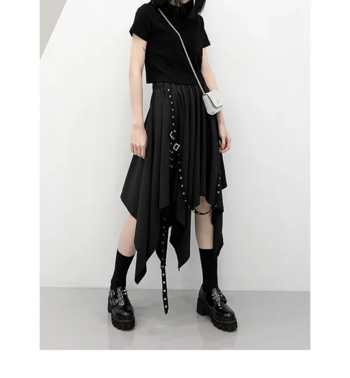 kf S1997424e58e34bc7a859b99778952559z Long Skirt Irregular Skirt Girl s New Dark Tie Street Punk Wind Weave Buckle Medium length