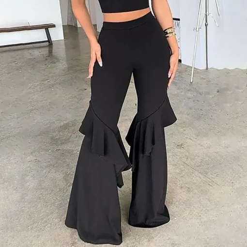 kf S19bbf74e0a5144f9b6fd156cf036c5eeQ 2024 Summer Women Long Pants Fashion Solid Color Ruffle Flared Pants Streetwear Causal Daily Female Trousers