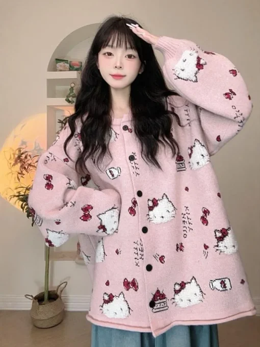 Sanrio Pink Hello Kitty Cardigan Sweater – Sweet & Cute Spring/Autumn Loose Kawaii Coat for Women - Image 2