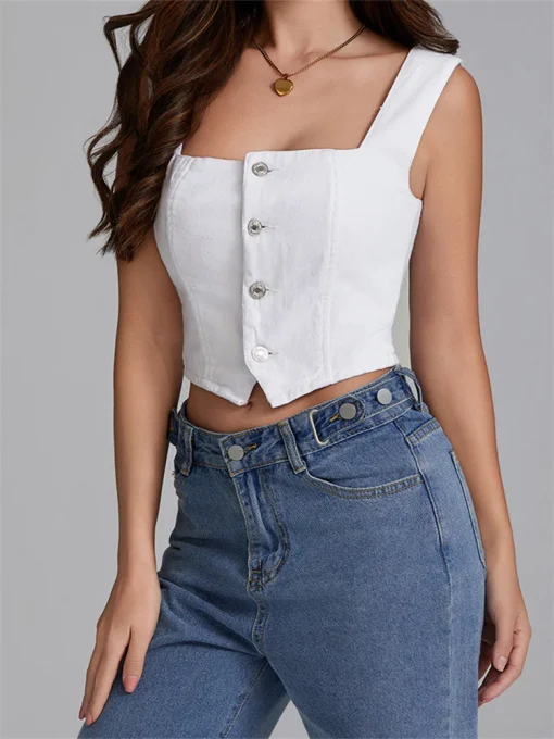 kf S1aae60c5b11747f1a6fabc9895d5c4265 Women s Denim Tank Tops Slim Fit Square Neck Backless Back Shirred Sleeveless Button Down Crop