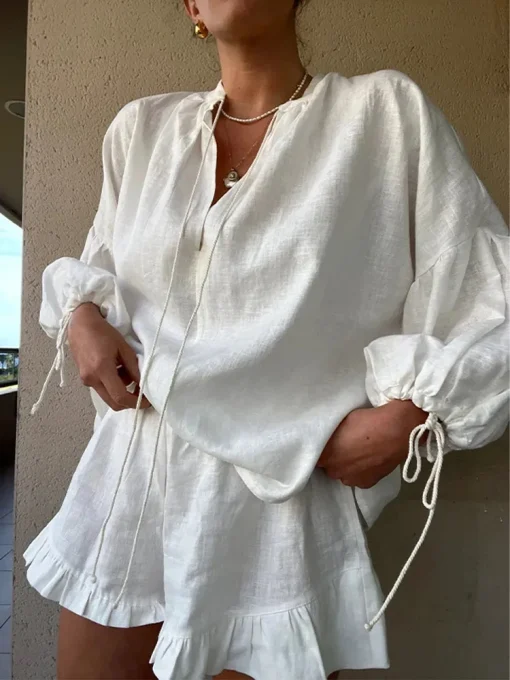 kf S1b5929f7282e4140a51fc8c2e4f765aeC Cotton Linen Women Shorts Suit V neck Long Sleeve Loose Shirt High Waist Wide Leg Short