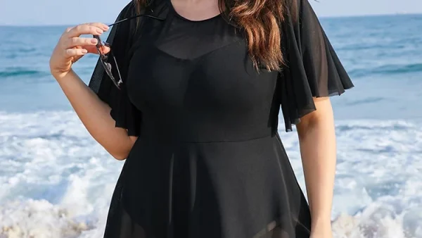 kf S1b7fc4f0c8af4c9a9771e1f5aeadf7d69 Plus Size Womens One Piece Tummy Control Swimdress Solid Mesh Patchwork Ruffle Sleeve Cover Up Swim