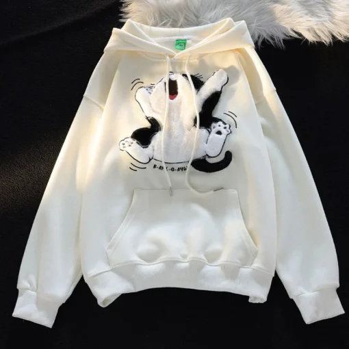 kf S1b86b3e1ff6b401683131336a69f96ea7 Japanese Kawaii Flock Embroidery Cartoon Cat Patchwork Hoodies Thicken Kangaroo Pocket Baggy Street Sweatshirt All Matching