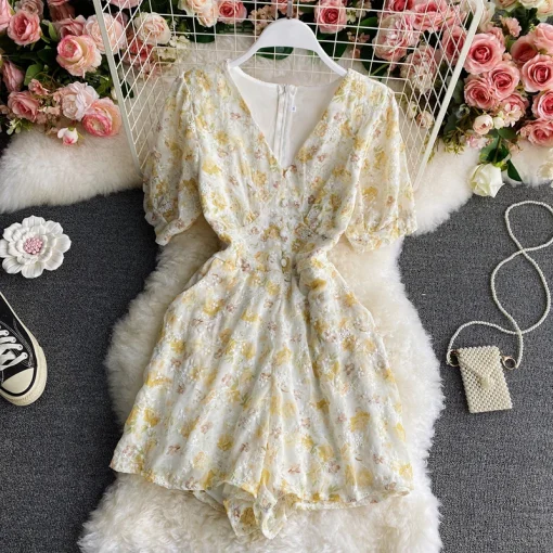 kf S1bad784ad2e24bfbb8f119d6e1e6deafP Summer Sweet Floral V neck Short Sleeves Jumpsuits For Women Chic Waist Slimming Embroidery Wide Leg