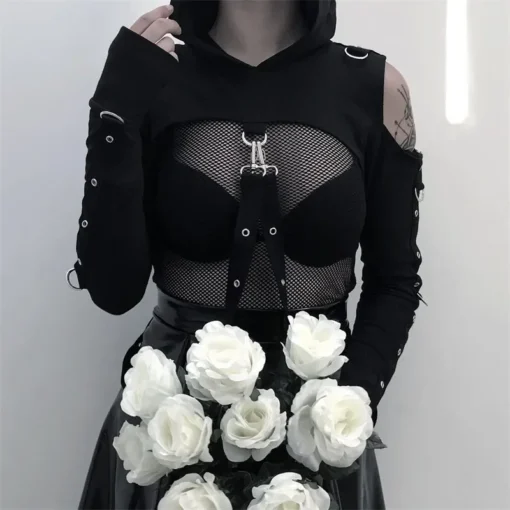 kf S1c097c146f4543c9b52522faccbd054fi Black Gothic Crop Top Women Hoodies Punk Sweatshirt Off Shoulder Lace Up Hooded Pullover Cat Ear