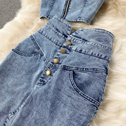 kf S1c09a940ddb946e09922314c1c8b6369D Denim Skirt Set Women Sexy Camisole Tops High Waist Denim Pencil Skirt 2Pcs Suit Fashion Female