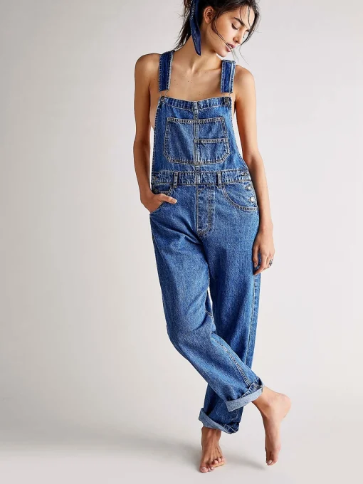 Women’s Vintage Denim Jumpsuit – Casual Spaghetti Strap Wide-Leg Romper with Pockets