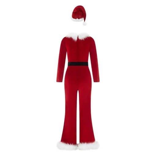 Women’s Red Christmas Costume – Cute Long Sleeve Flared Jumpsuit & Santa Hat Set for Cosplay - Image 6