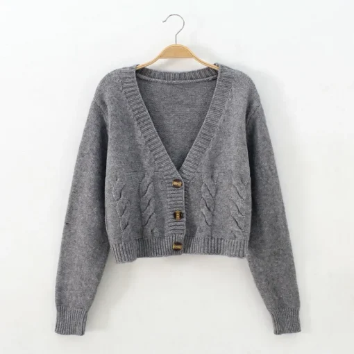 kf S1f05910860f140ee9adff82629aeaf83v V Neck Cropped Cardigan Women Long Sleeve Twist Knitted Sweater Coats Autumn Winter Keep Warm Korean