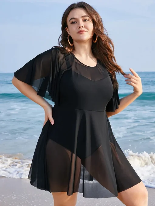 kf S1fa894672fcb44bebb823050d31c1e025 Plus Size Womens One Piece Tummy Control Swimdress Solid Mesh Patchwork Ruffle Sleeve Cover Up Swim