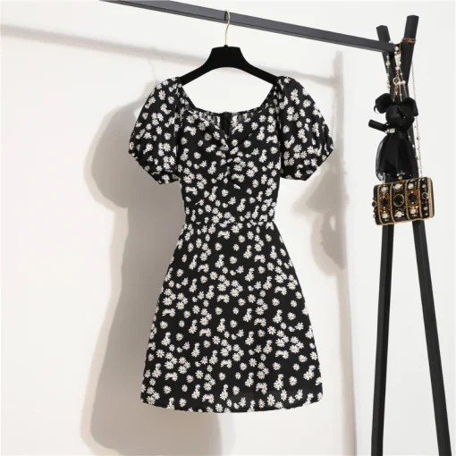 Floral Print Chiffon Mini Dress - Summer Casual with Puffy Sleeves - Image 2