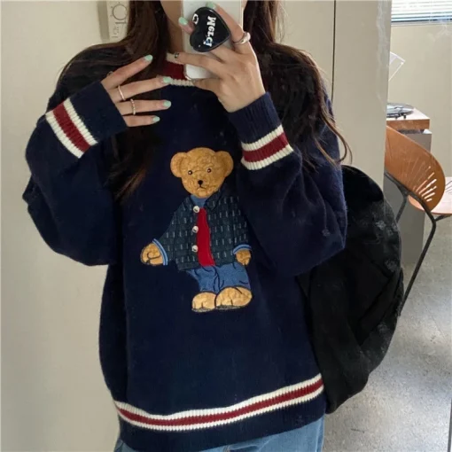 Youthful Women's Knit Pullover with Bear Embroidery | Autumn-Winter Loose Fit Sweater - Image 3