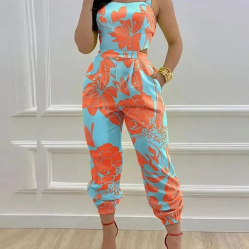 Elegant Sexy Women's Suspender Printed Jumpsuit – High-Waist Casual Romper with Lace-Up Detail - Image 6