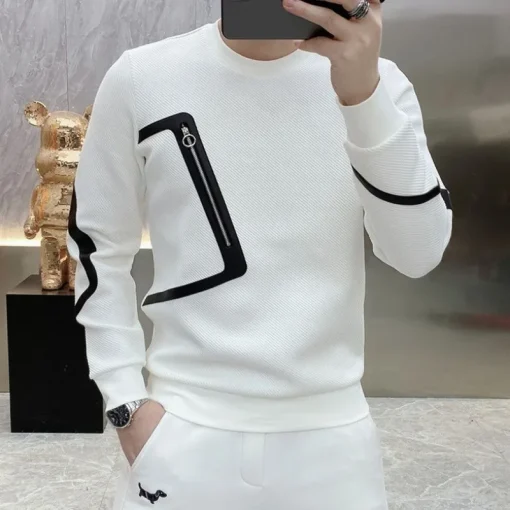 Men's White Pullover Sweatshirt - Slim Fit, Patchwork Design - Image 5