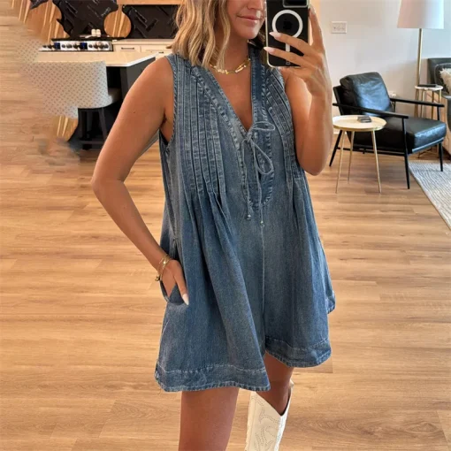 kf S20ec24214278494cbbb9e35e7f3e52b3X 2024 Women Deep V Neck Lace up Denim Jumpsuit Shorts Rompers Female Pleated Sleeveless One piece