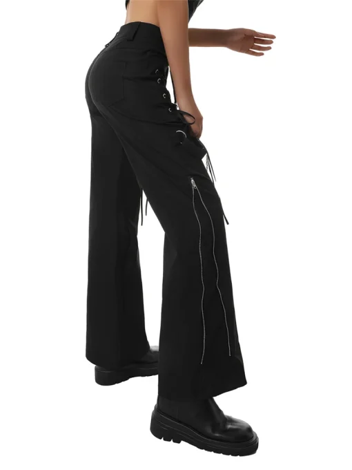 Womens Gothic Punk Cargo Pants High Waist Flare Pants - Image 3