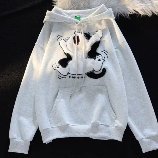 kf S2123b541885a49f6b91dbd7636e647aa2 Japanese Kawaii Flock Embroidery Cartoon Cat Patchwork Hoodies Thicken Kangaroo Pocket Baggy Street Sweatshirt All Matching