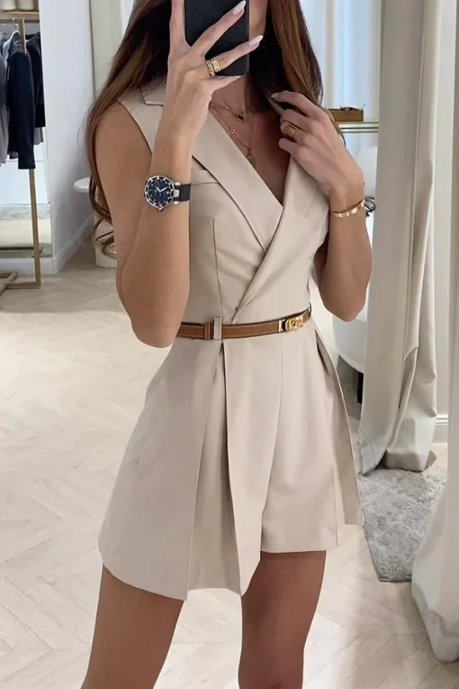 kf S21b1917fe2274d5b93f10c92216848c1i New Fashion V neck Style Solid Color Commuter Sleeveless Suit Shorts jumpsuit Women s Waist Tie