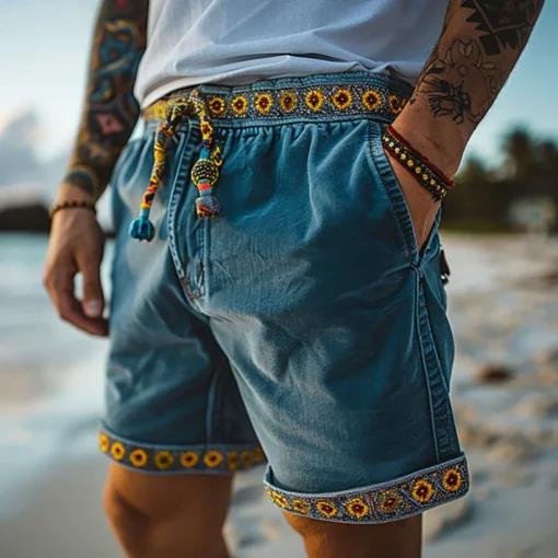 kf S2221ea5fdf794b6fb9466f39dee7459eo Retro Holiday Beach Shorts For Men Clothing Causal Loose Drawstring Knee Length Pants Fashion Flower Prints