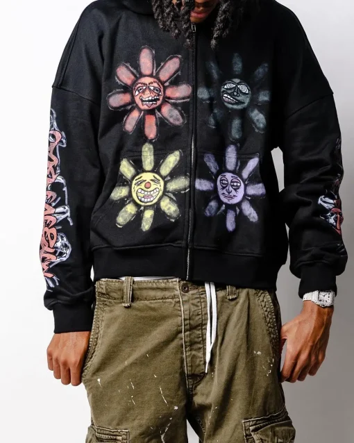 Sunflower Print Zipper Hoodie for Men – Retro Streetwear Casual Sweatshirt - Image 2