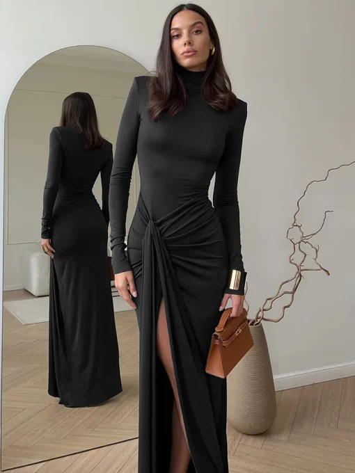 Mozision Turtleneck Thigh-High Split Sexy Maxi Dress – Long Sleeve, Draped Bodycon Club Dress, Autumn/Winter 2024 - Image 6