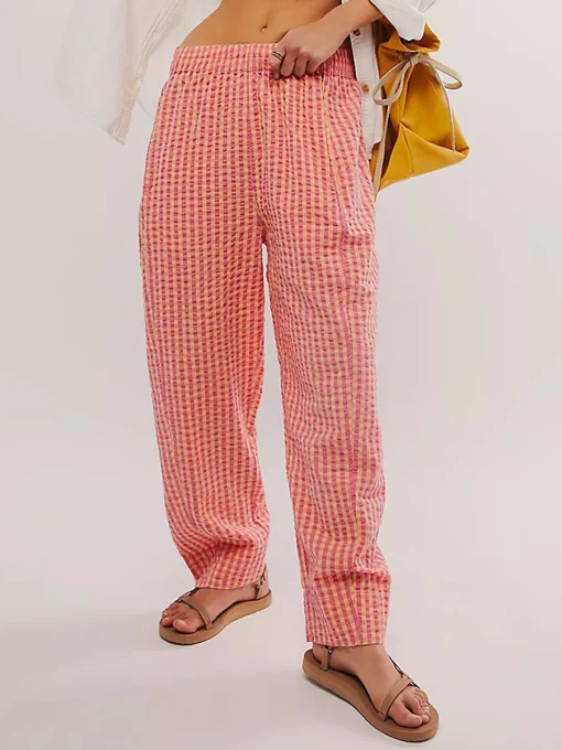 kf S22fbf7f1f93543798b8784e1d4d032bc6 Women s Spring Summer Baggy Pants Elastic Waistband Wide Leg Plaid Pants with 2 Pockets Gingham