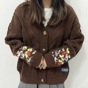 2025 Plus Size Eras Cardigan for Women – Autumn Winter Flower Embroidered Knitted Sweater | Y2K Vintage Fashion Cardigans Tops