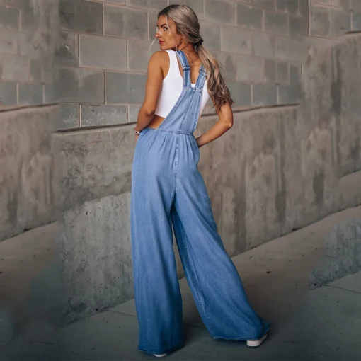 Summer Women's Blue Denim Jumpsuit – Loose Wide-Leg High-Waist Overalls with Pockets - Image 6