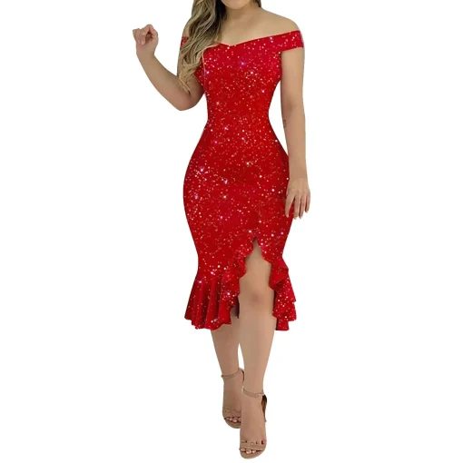 Women's Fashion Sexy Summer Off Shoulder Short Sleeve Sequin Ruffle Irregular Mini Dress - Elegant Dresses for Women - Image 3