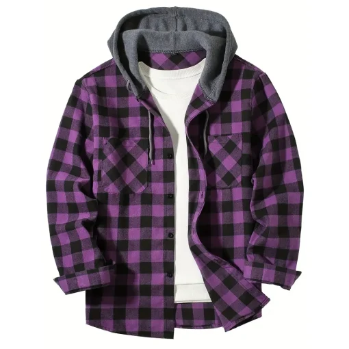 kf S24bed7f51013431c8bfb9dce5fe074c6Z Men s Shirts Classic Plaid Casual Button Down Hooded Long Sleeved Double Pockets Shirt Hoodie Flannel