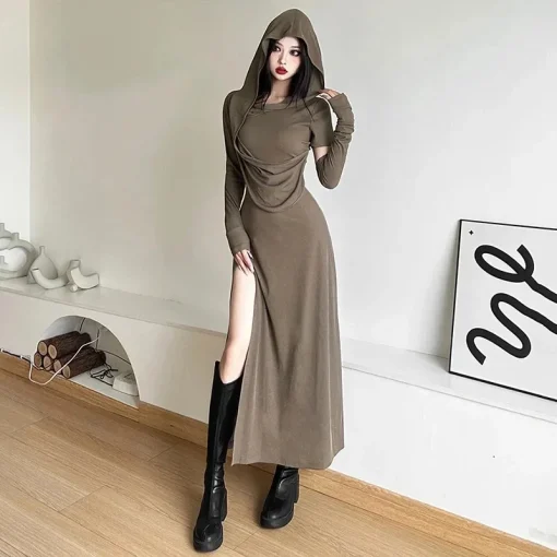 kf S265d50e6cd2746d9aa7de5d9db9491d8w Hooded Dress Black Khaki Long Dress Split Off Shoulder Sleeveless Outer Sleeve Gothic Summer Slim Women