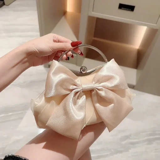 kf S26bcdc68c99f421e84e5cf94905d38aav White Satin Bow Fairy Evening Bags Clutch Metal Handle Handbags for Women Wedding Party Bridal Clutches