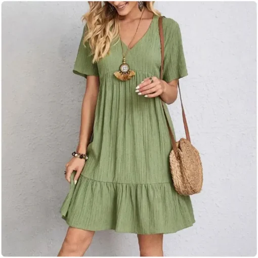 Women’s Summer Peplum Dress – V-Neck Short Sleeve Fit & Flare Ruffle Beach Dress